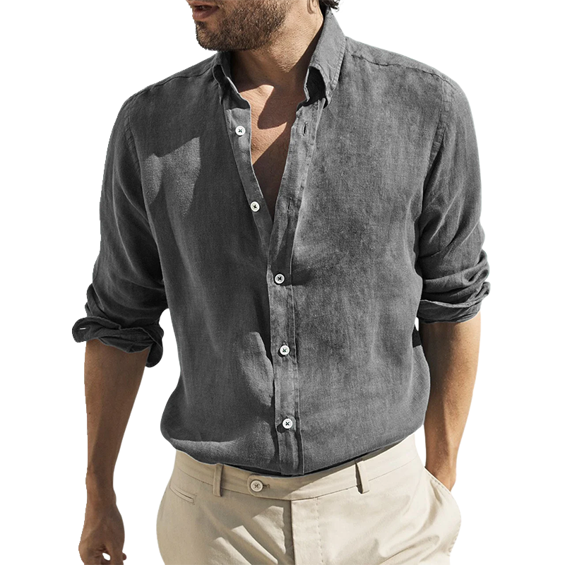 Men's Retro Casual Washed Cotton And Linen Lapel Long Sleeve Shirt MTA2824G0TO
