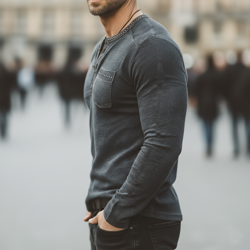 Men's Urban Slim Fit Blended Three-Button Henley Collar Long-Sleeve T-Shirt MTA3044L5U