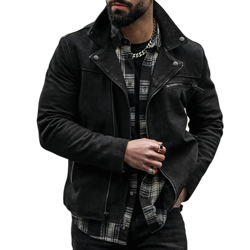 Men's Retro Casual Suede Zipper Short Lapel Biker Jacket MTA1072I0TO
