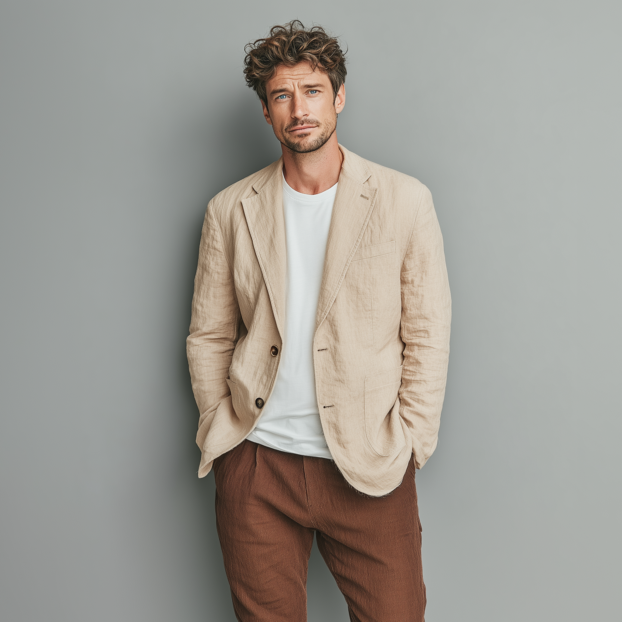 Men's Classic Casual Cotton And Linen Solid Color Single-breasted Two-button Blazer MTA2530G6K