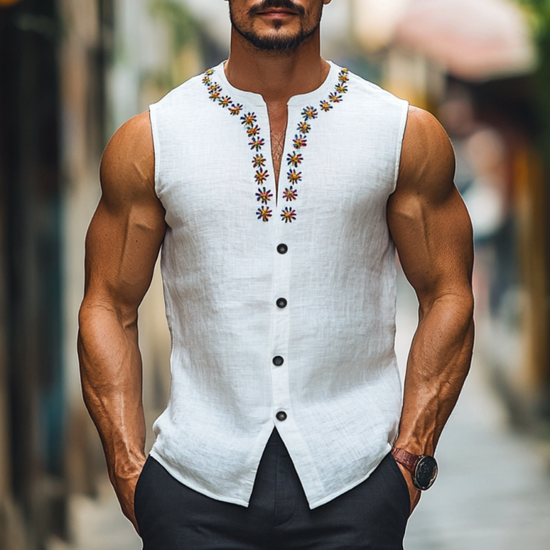 Men's Casual Daisy Embroidery Breathable Linen Round Neck Slim Fit Sleeveless Shirt MTA0904E2M
