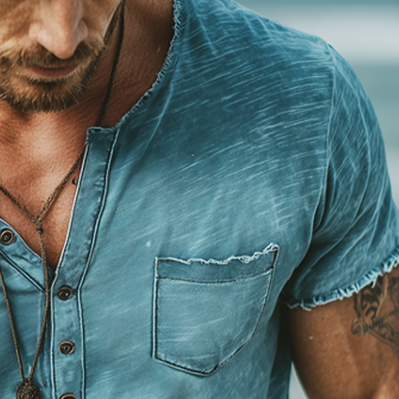 Men's Classic Henley Collar Slub Fabric Raw Edge Short Sleeve T-Shirt MTA1427G6U