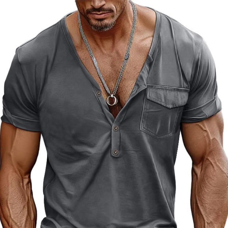 Men's Classic Casual Slim Fit Deep V-Neck Pocket Cotton Short Sleeve T-Shirt 29897522K