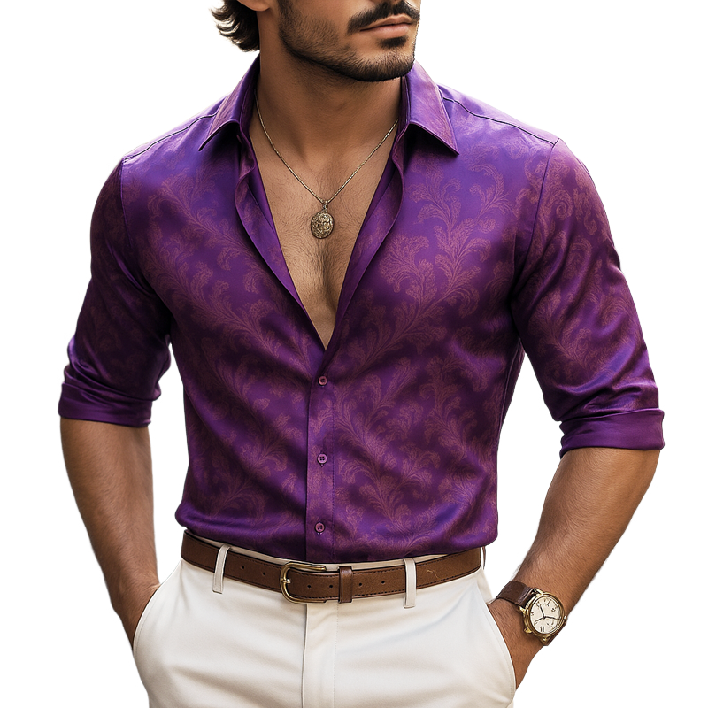Men's Satin Print Lapel Long Sleeve Shirt MTA2302F3Z