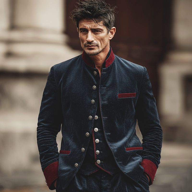 Men's Retro Stand Collar Velvet Color Block Slim Fit Jacket MTA1283L0U