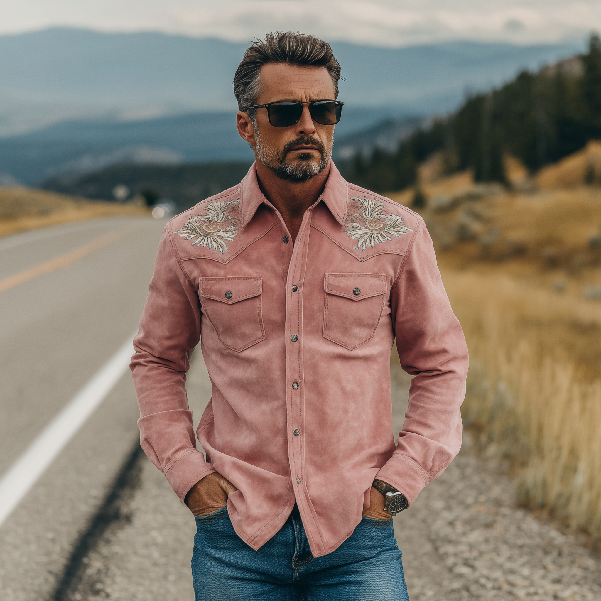 Men's Classic Retro Western Style Embroidered Pink Suede Slim-fit Long-sleeved Shirt MTA1476H5K