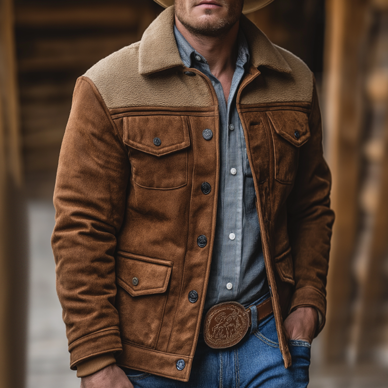 Men's Retro Casual Fleece Patchwork Lapel Button Jacket MTA0449K4TO