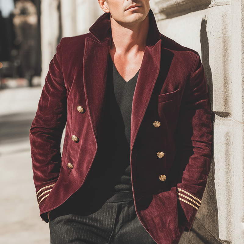 Men's Classic Burgundy Velvet Double-Breasted Notch Lapel Jacket MTA2632I7U