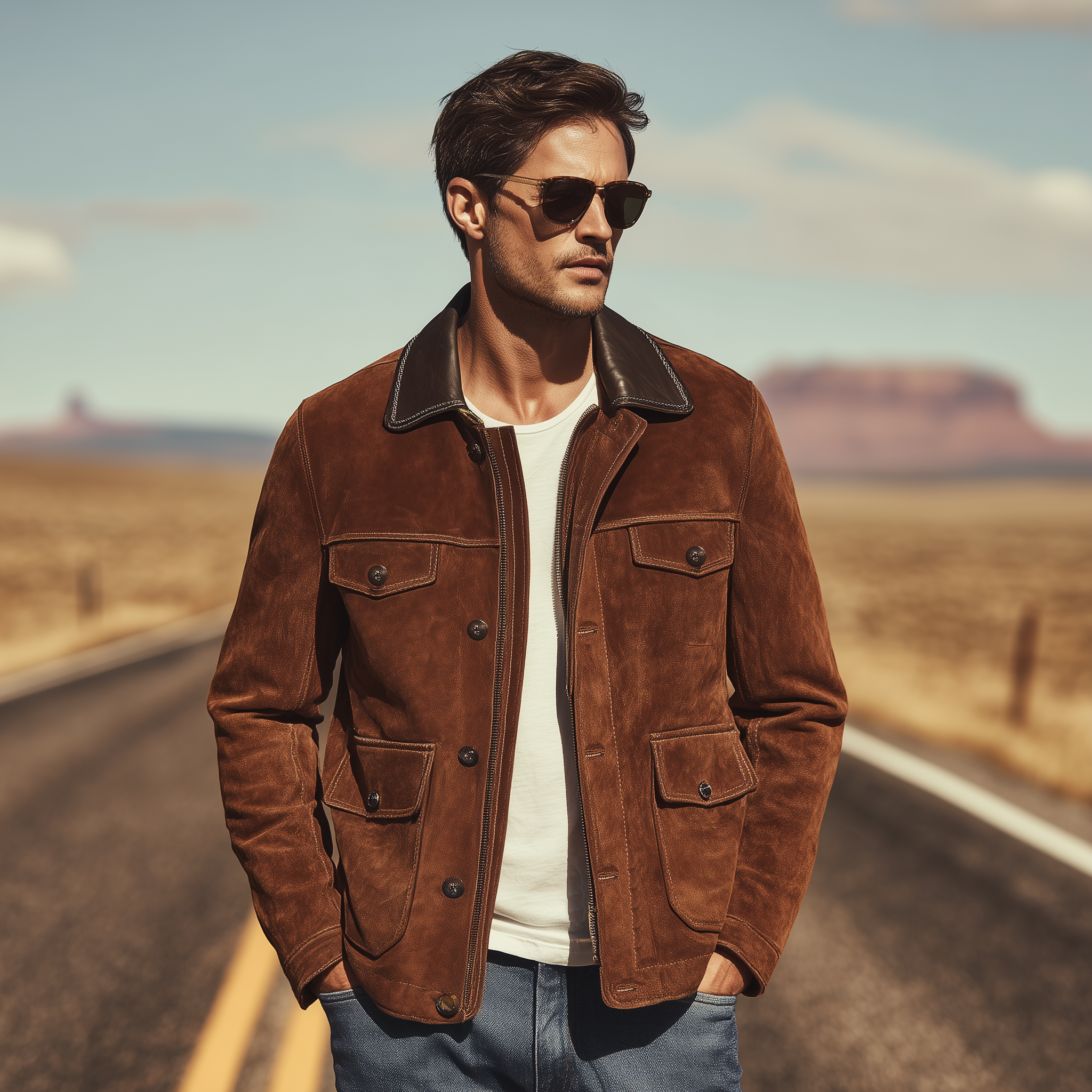 Men's Classic Casual Western Style Pu Leather Collar Multi-pocket Suede Jacket MTA1190H7K