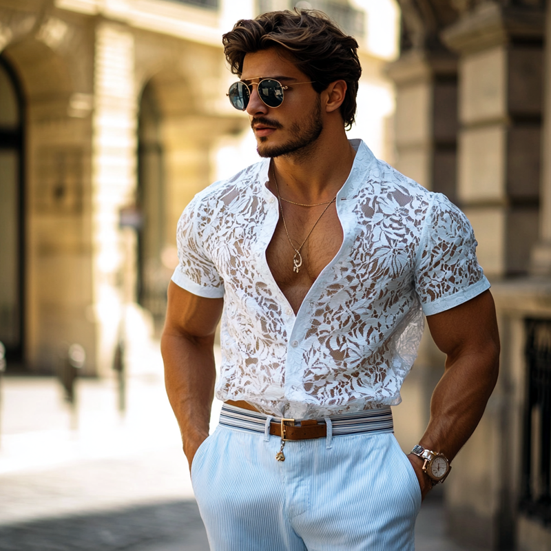 Men's Fashion Lace Stand Collar Short Sleeve Casual Shirt MTA1226E5Z