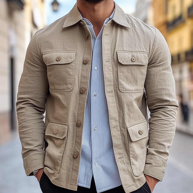 Men's Casual Solid Color Breathable Cotton Linen Blend Lapel Single-breasted Multi-pocket Slim-fit Jacket MTA0695H3M
