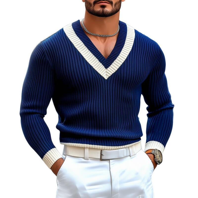 Men's Vintage Contrast V Neck Slim Fit Knit Long Sleeve Pullover Sweater MTA2709H9M