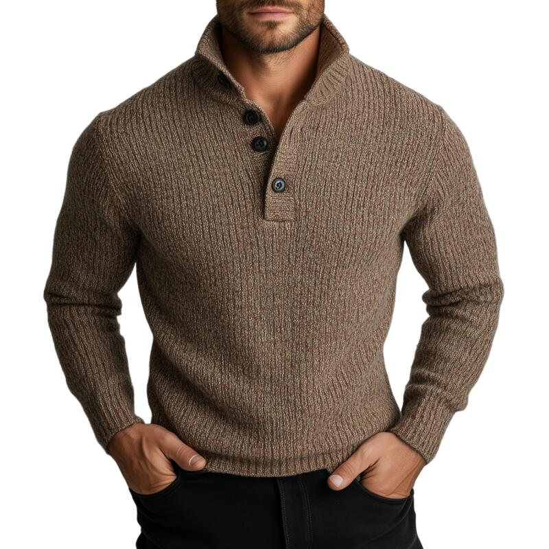 Men's Vintage Solid Color Polo Neck Slim Fit Knit Long Sleeve Pullover Sweater MTA2756H8M