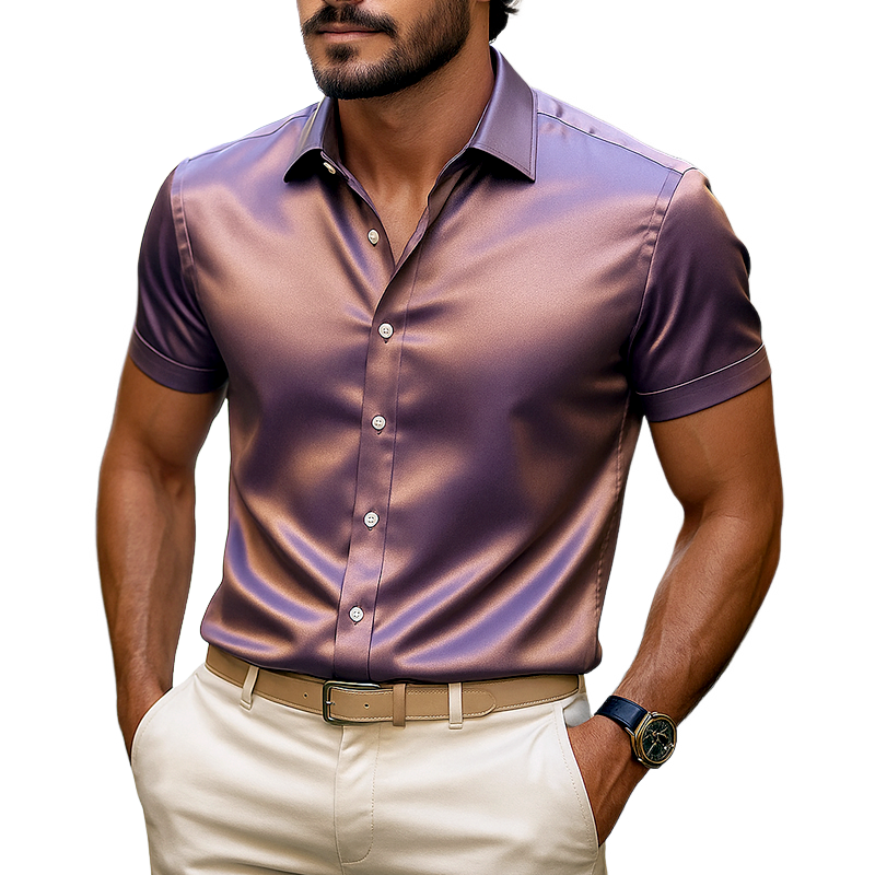 Men's Solid Glitter Satin Lapel Short Sleeve Shirt MTA2327F1Z