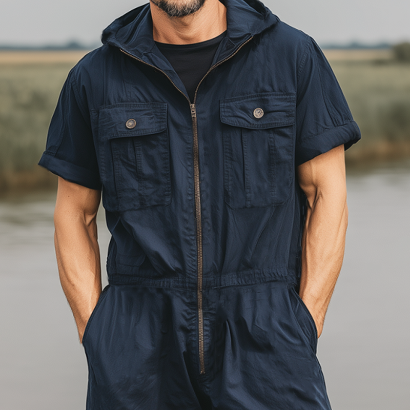 Men's Summer Classic Solid Color Hooded Zipper Jumpsuit MTA1998F4U