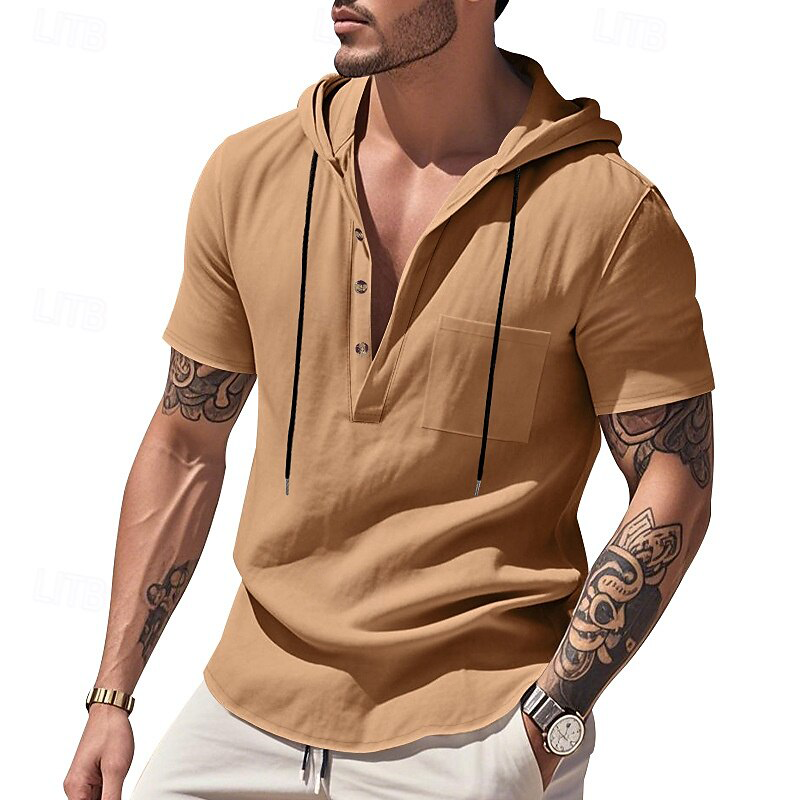 Men's Retro Casual Linen Hooded Pocket Short Sleeve T-Shirt MTA1471G5TO