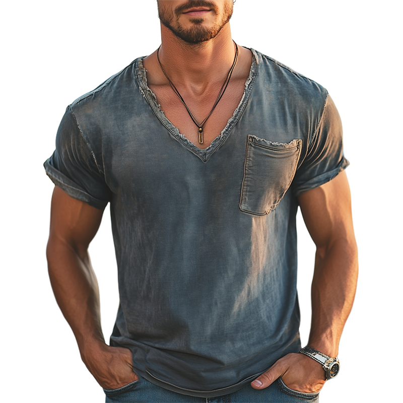 Men's Summer Casual Deep V-neck Raw Edge Short-sleeved T-shirt MTA1973G0U