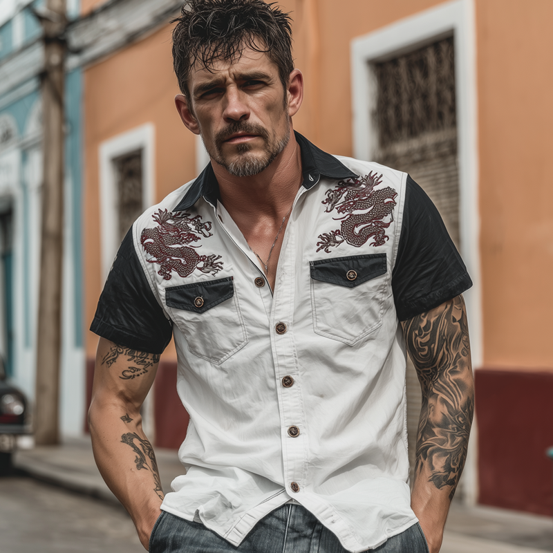Men's Contrast Dragon Print Short Sleeve Shirt MTA0391G7X