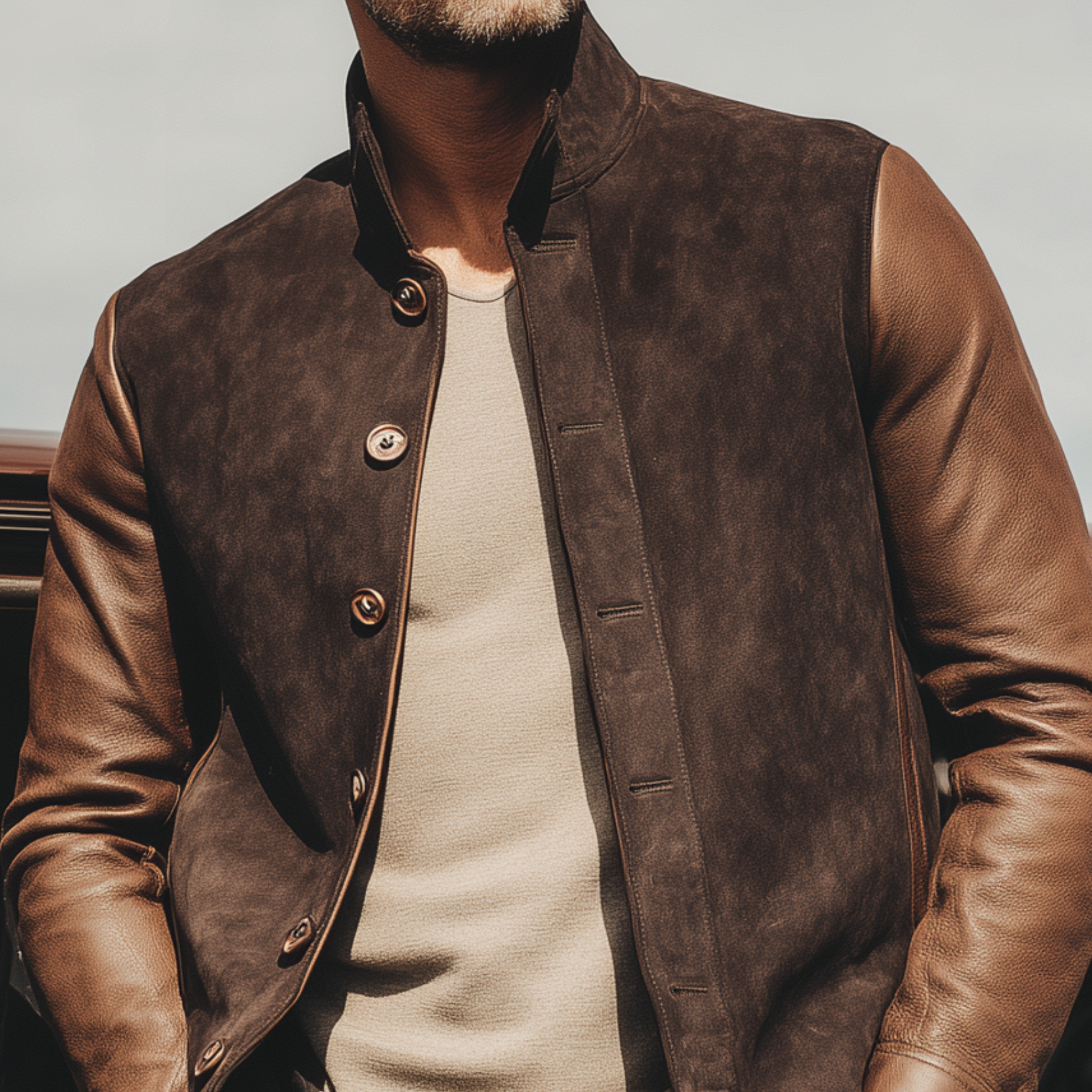Men's Classic American Retro Western Style Sleeves Stitching PU Leather Stand Collar Suede Jacket MTA2057H1K