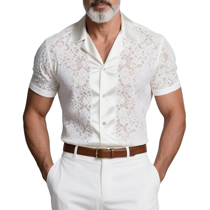 Men's Lace Stitching Satin Lapel Short Sleeve Shirt MTA2856G5Z