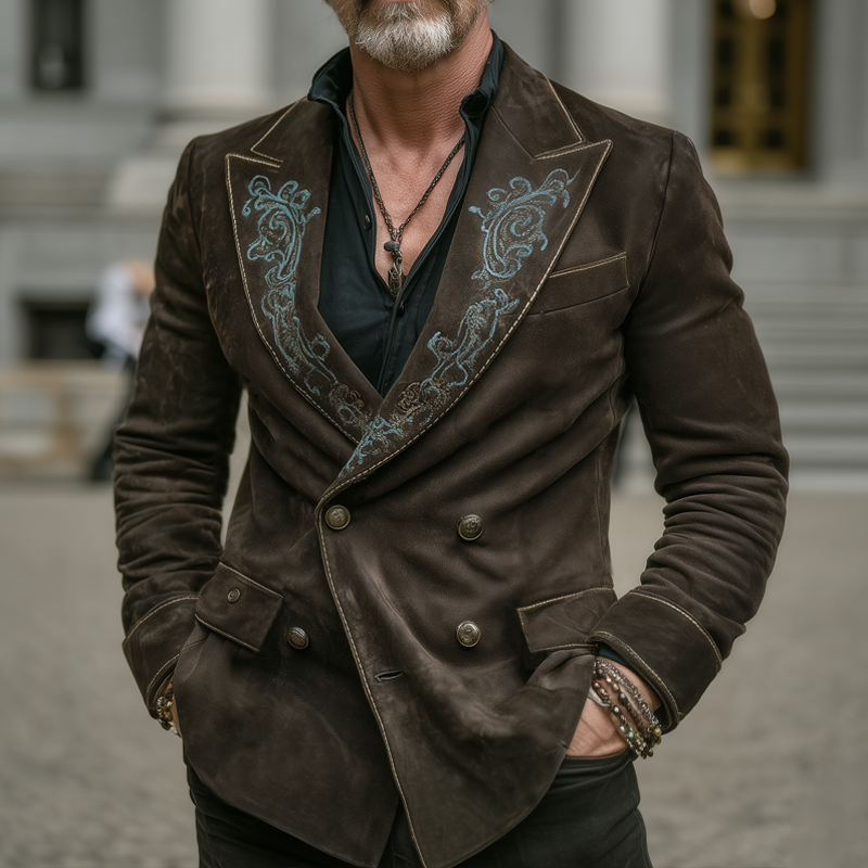 Men's Classic Embroidered Double-Breasted Suede Blazer MTA1087I2U