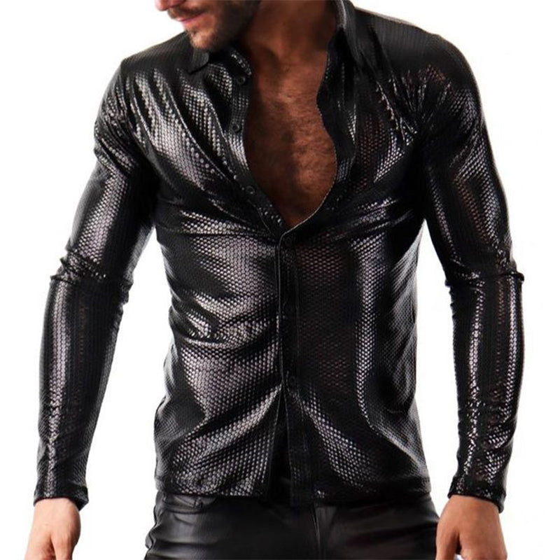 Men's Vintage Slim Fit Mesh Long Sleeve Leather Shirt 53417407U