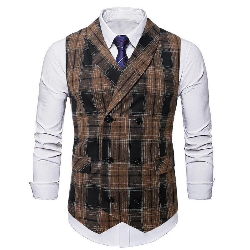 Men's Vintage Checkered Lapel Double-breasted Vest (shirt Not Included) 65090053X