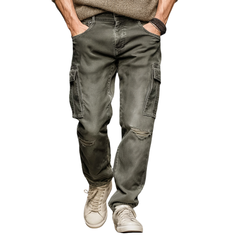 Men's Classic Distressed Ripped Multi-pocket Straight Jeans MTA2463J1U