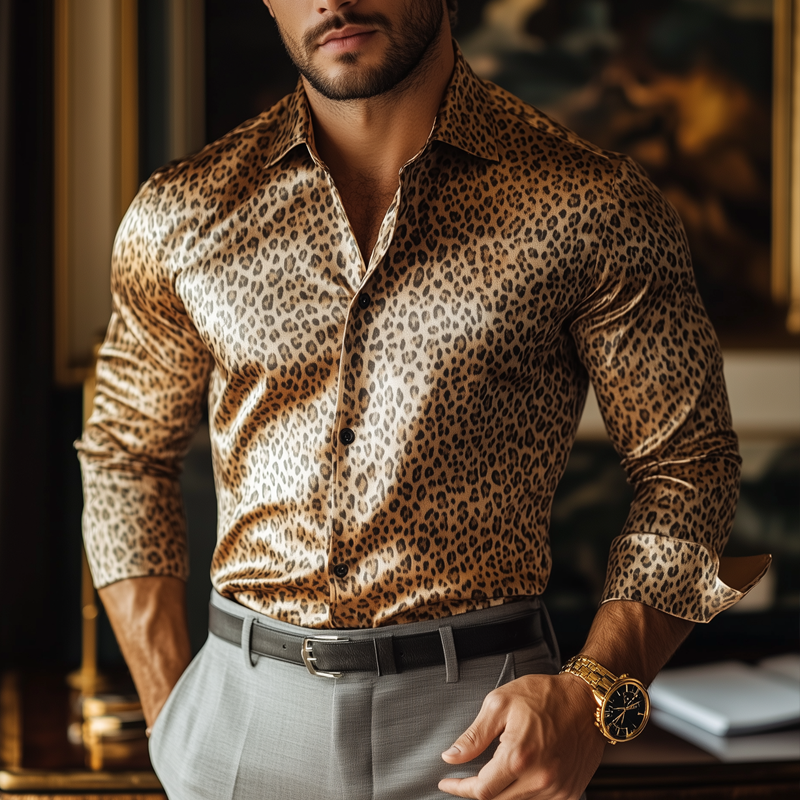 Men's Fashion Leopard Satin Lapel Single Breasted Long Sleeve Shirt 00538947Z