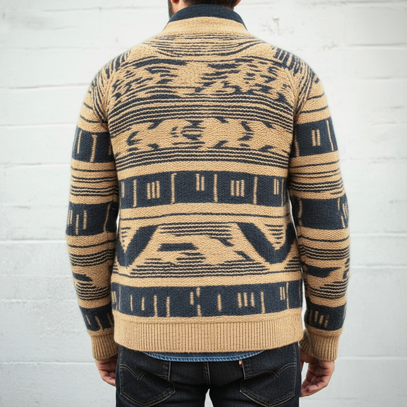 Men's Retro Stand Collar Colorblock Jacquard Knit Cardigan MTA0186I3U