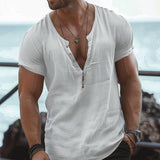 Men's Cotton and Linen Casual Round Neck Henley Shirt 07564027X