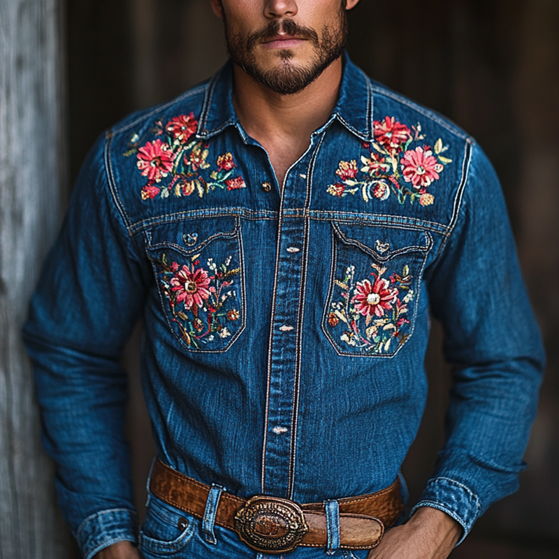 Men's Western Cowboy Style Embroidered Lapel Chest Pocket Long Sleeve Denim Shirt 60931992Z