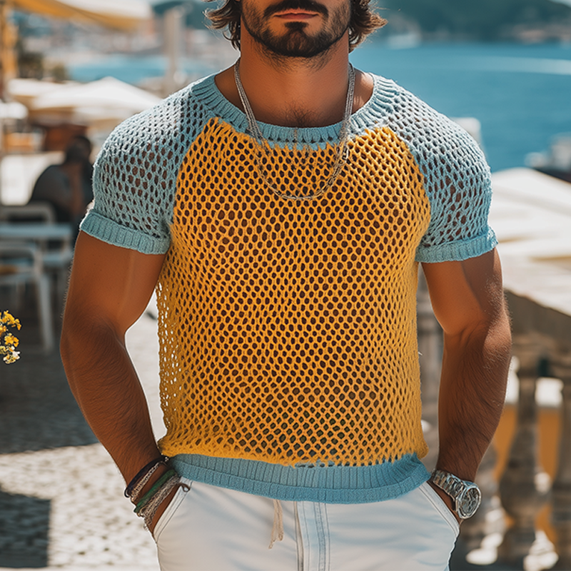 Men's Fashion Casual Hollow Contrast Color Stitching Knitted Round Neck Short-sleeved T-shirt MTA2509F0K