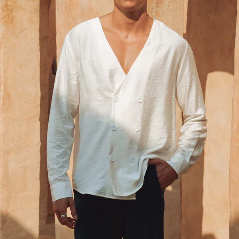 Men's Fashion Casual Tencel Cotton V-neck Double Breasted Long Sleeve Shirt MTA1414G4K