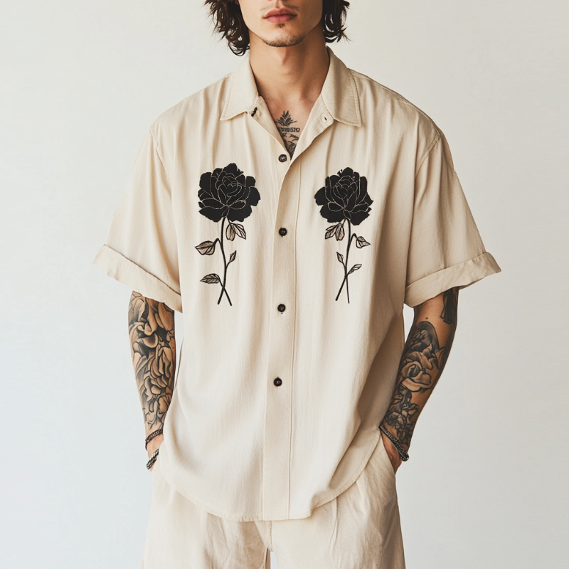 Men's Casual Cotton Linen Rose Embroidery Lapel Loose Short Sleeve Shirt 85598724M