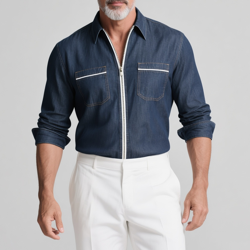Men's Fashion White Trim Lapel Long Sleeve Denim Shirt MTA2372G2Z