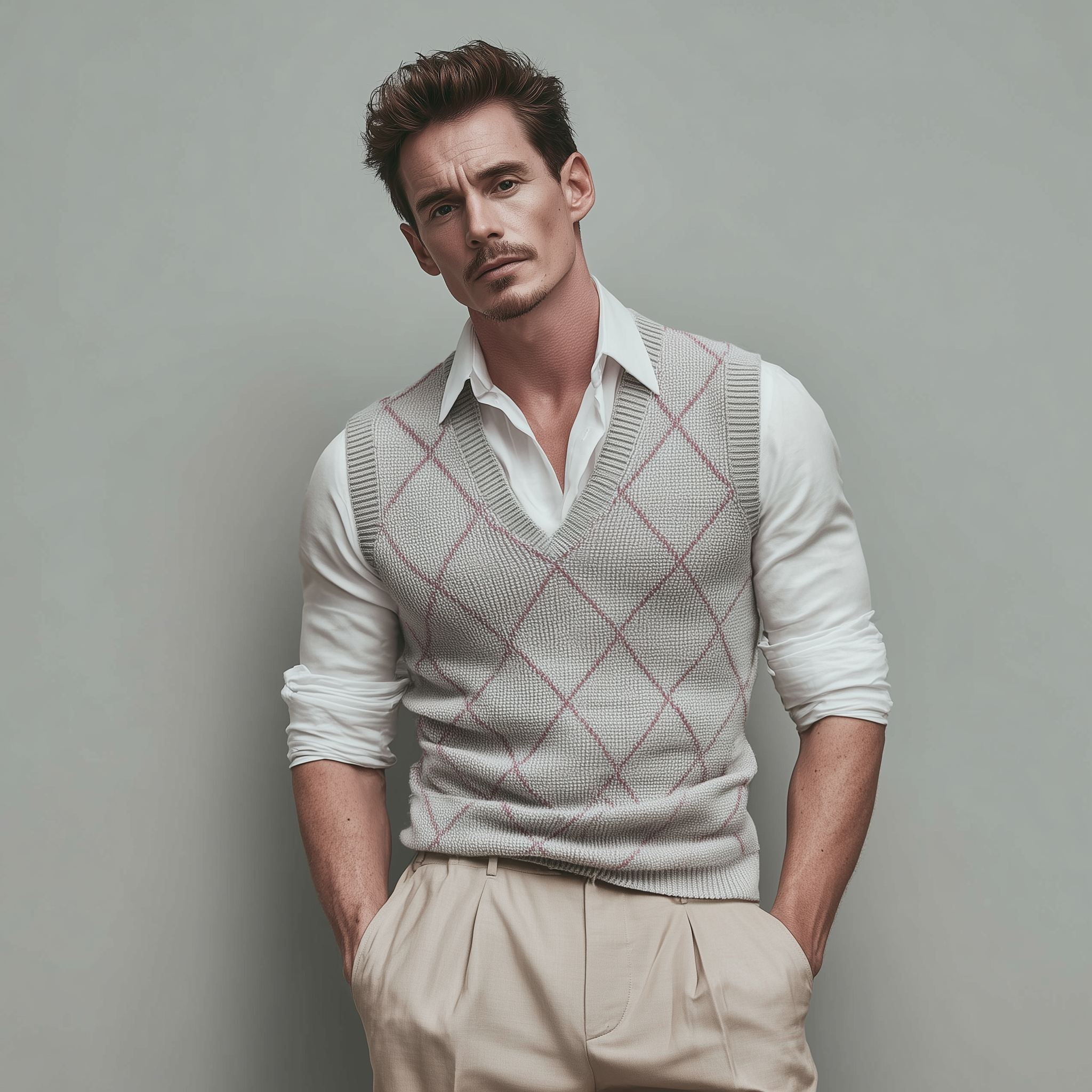 Men's Classic Retro Diamond Check V-Neck Slim Fit Knit Tank Top MTA2845G9K