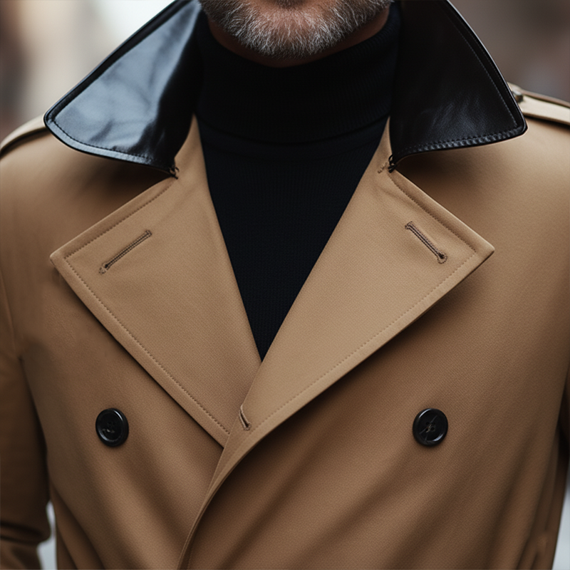 Men's Simple Retro PU Faux Leather Collar Cotton Blend Trench Coat(with Belt) MTA0454K7P