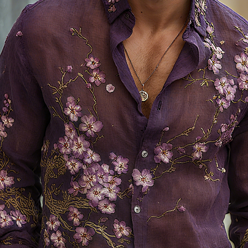 Men's Vintage Sakura Embroidered Lapel Long Sleeve Cotton And Linen Shirt MTA3110G9Z