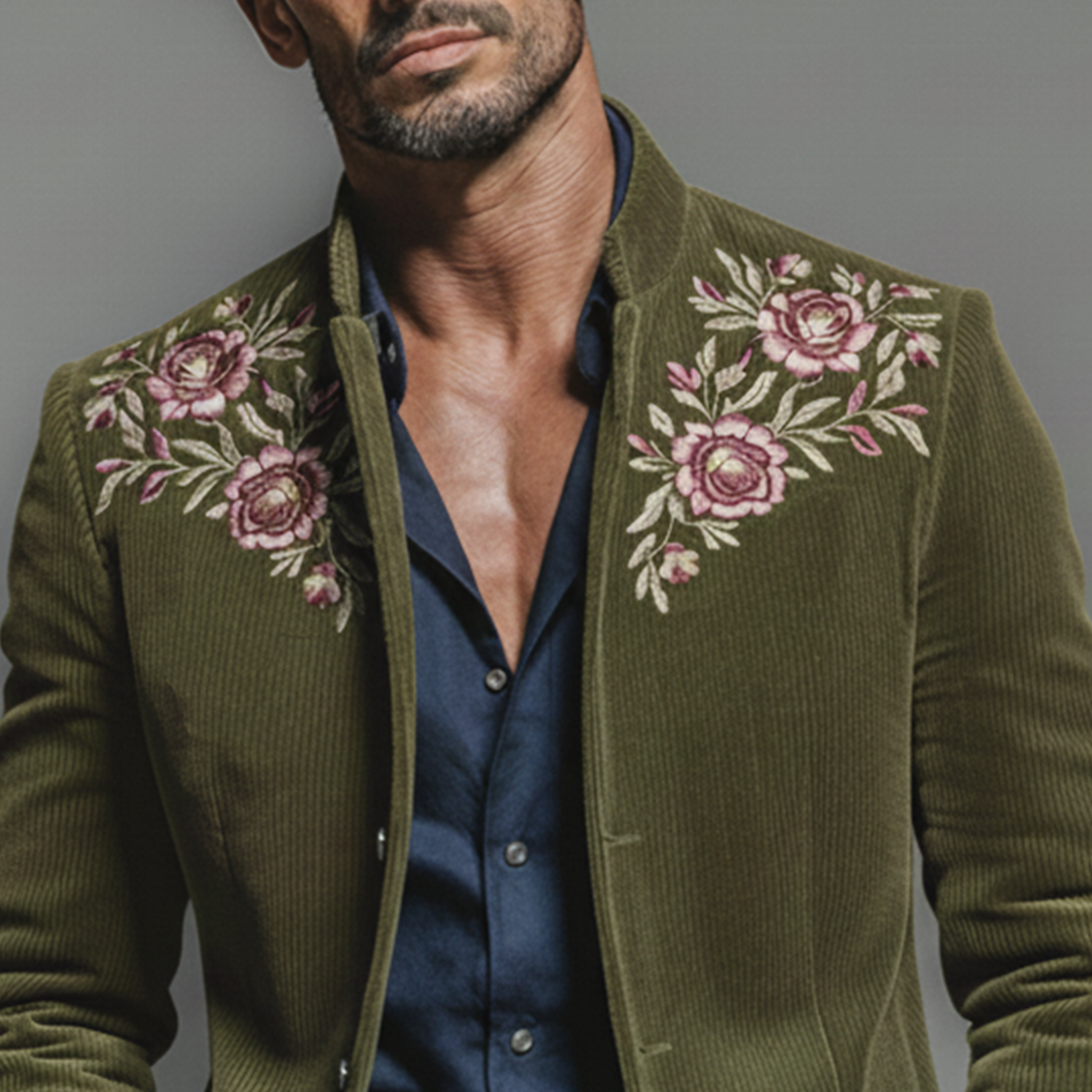 Men's Classic Retro Embroidered Corduroy Stand Collar Jacket MTA2971K4K