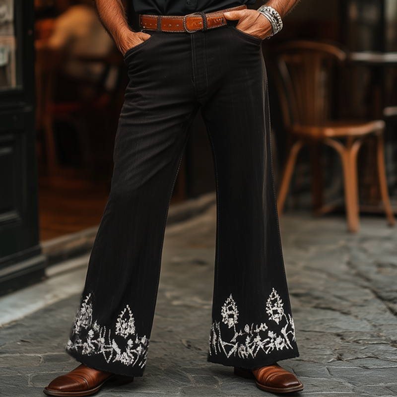 Men's Western Cowboy Style Vintage Silver Embroidered Flared Pants MTA1324F7U