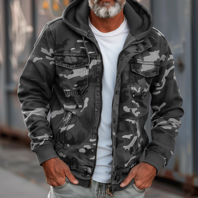 Herren-Cargojacke mit Camouflage-Muster, Kapuze, mehreren Taschen und Reißverschluss 69249000Z