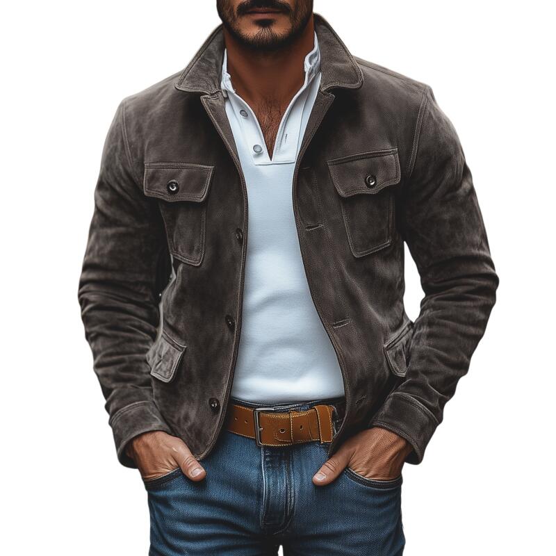 Men's Vintage Solid Color Faux Suede Lapel Single-Breasted Slim Fit Multi-Pocket Work Jacket MTA2183H5M