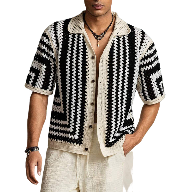 Men's Knitted Patchwork Contrast Lapel Short-sleeved Shirt 57394655X