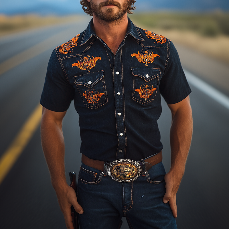 Men's Spring And Summer Fashion Retro Western Cowboy Style Washed Denim Embroidery Metal Button Slim Fit Short Sleeve Shirt MTA1028E3K