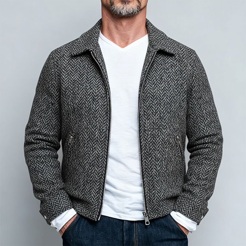 Men's Casual Blended Herringbone Lapel Zipper Jacket MTA2449K1X