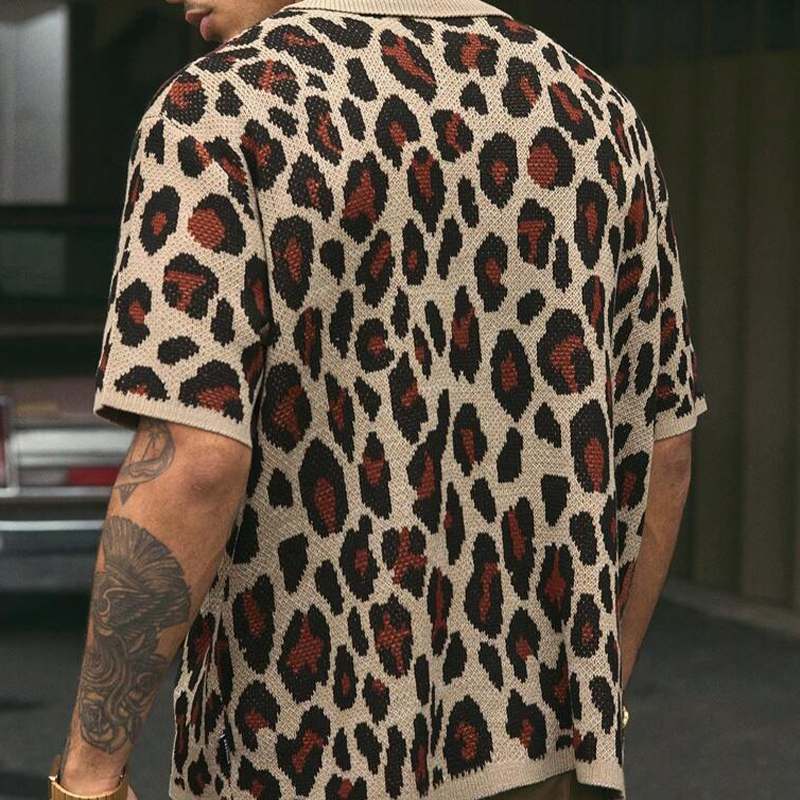 Men's Leopard Jacquard Knit Lapel Single Breasted Shirt MTA2689F2X