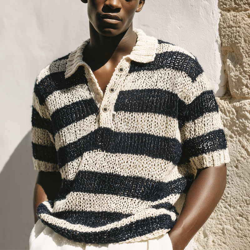 Men's Summer Classic Black And White Striped Knitted Polo Neck T-Shirt MTA0775G6U