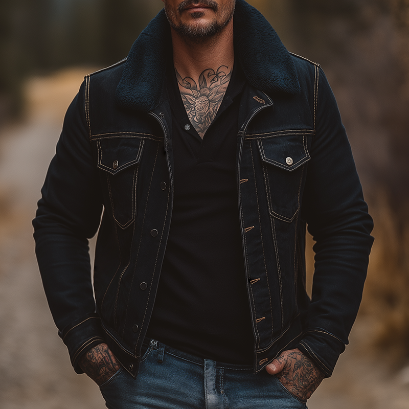 Men's Retro Casual Washed Denim Plush Lapel Jacket MTA2171H8TO