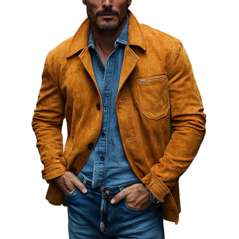 Men's Casual Solid Color Faux Suede Collar Button Jacket MTA0593K9X